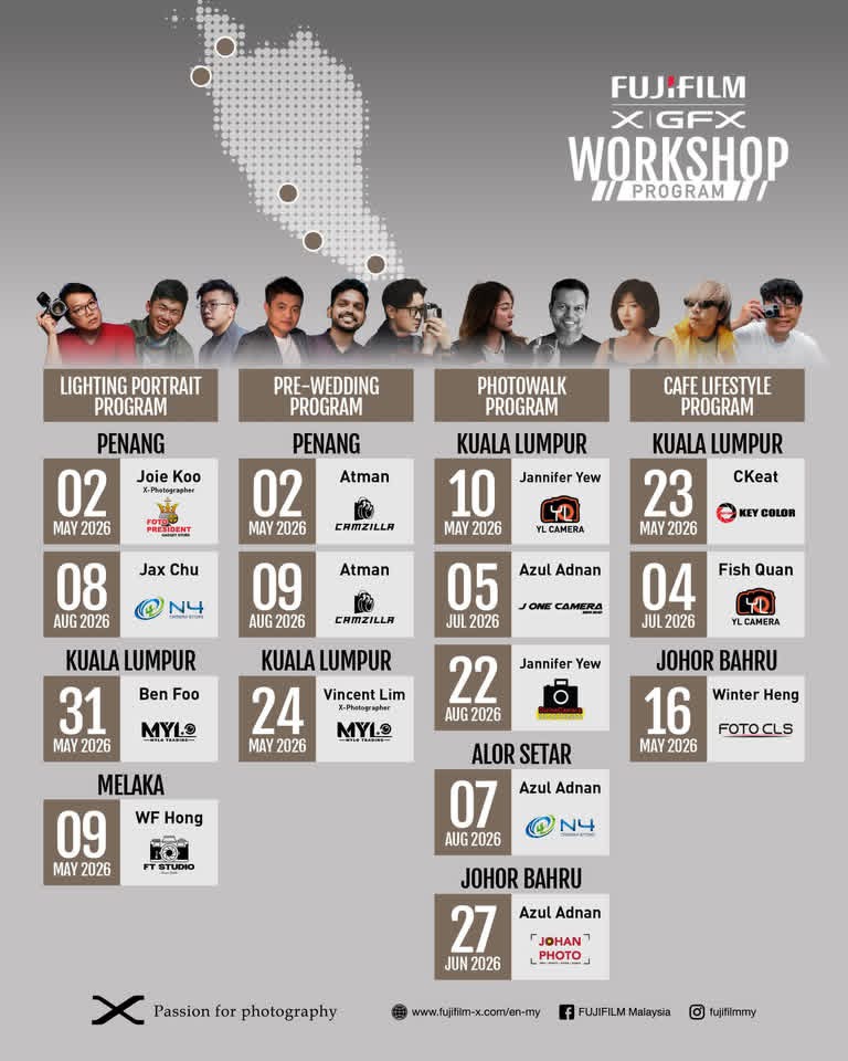 FUJIFILM X|GFX Workshop Program 2026 — national schedule including Ben Foo, KL Lighting Portrait 31 May 2026