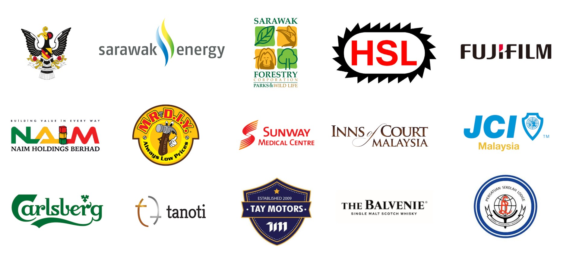 Client logos: Sarawak Energy, Sarawak Forestry, HSL, Fujifilm, Naim Holdings, Mr. D.I.Y., Sunway Medical, Inns of Court Malaysia, JCI Malaysia, Carlsberg, Tanoti, Tay Motors, The Balvenie